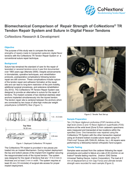 Biomechanical Comparison of Repair Strength of CoNextions<sup>®</sup> TR Tendon Repair System and Suture in Digital Flexor Tendons