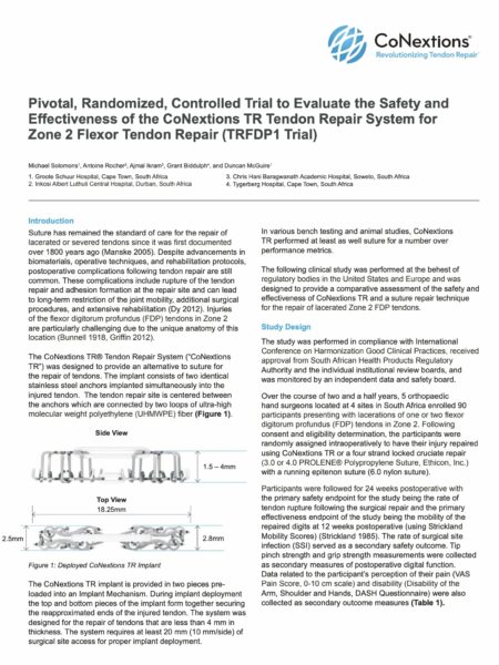 Pivotal, Randomized, Controlled Trial to Evaluate the Safety and Effectiveness of the CoNextions TR Tendon Repair System for Zone 2 Flexor Tendon Repair (TRFDP1 Trial)